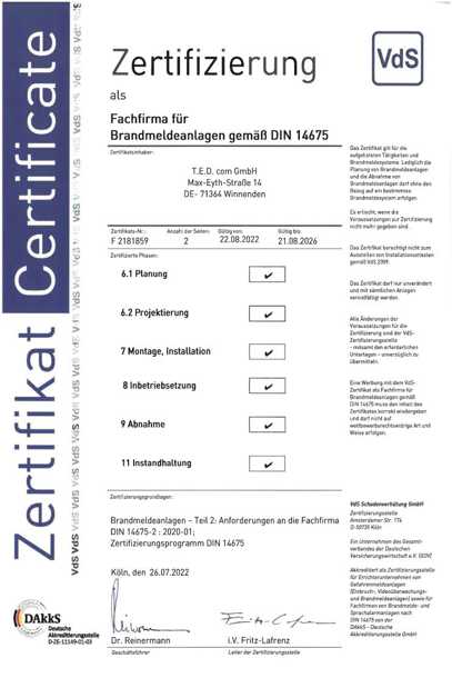 Zertifizierungen vom VdS für DIN 14675