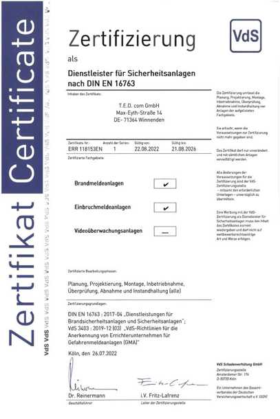 Zertifizierungen vom VdS für DIN 16763